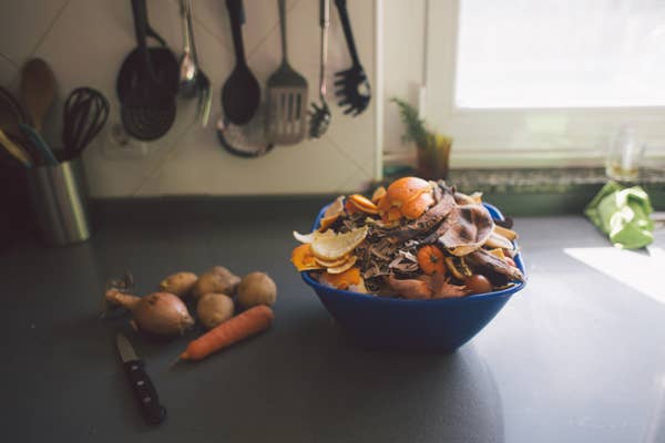 A bowl containing vegetable scraps and peels