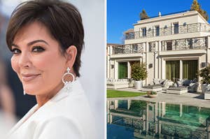 Kris Jenner is on the left with a mansion and pool on the right