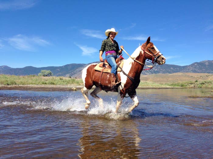 Woman riding horse in shallow river