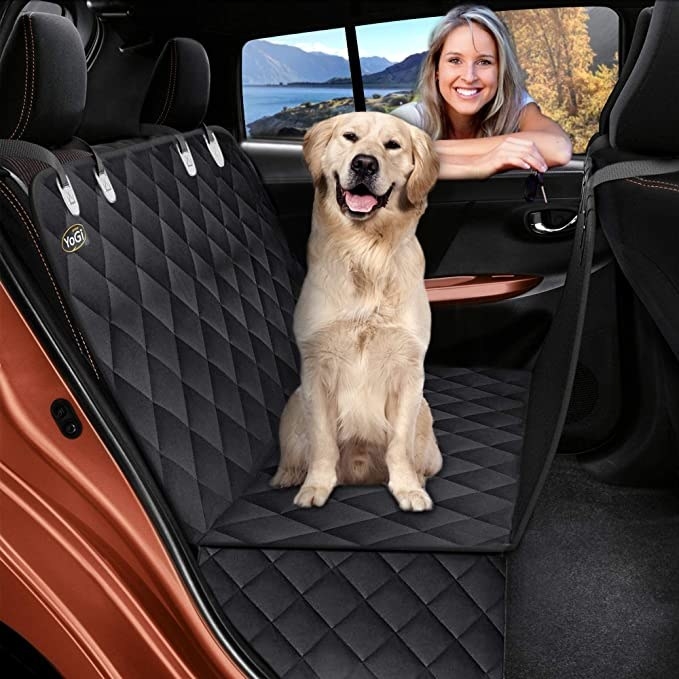 A dog sitting in the pet hammock in the backseat of a car