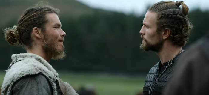 Sam Corlett as Leif and Leo Suter as Harald talking to each other