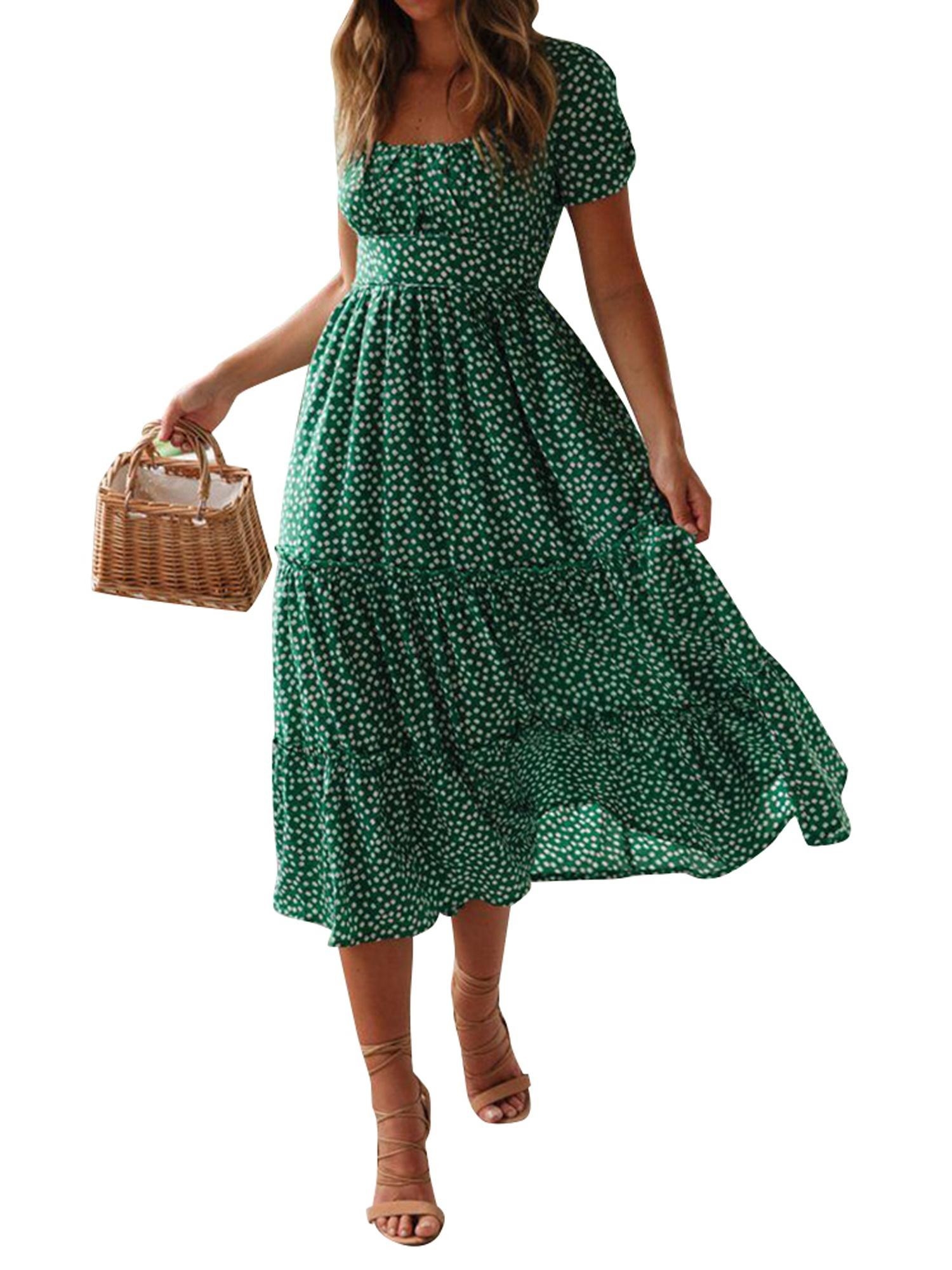 Woman in a mid-length polka dot dress holding a basket, standing in a neutral pose