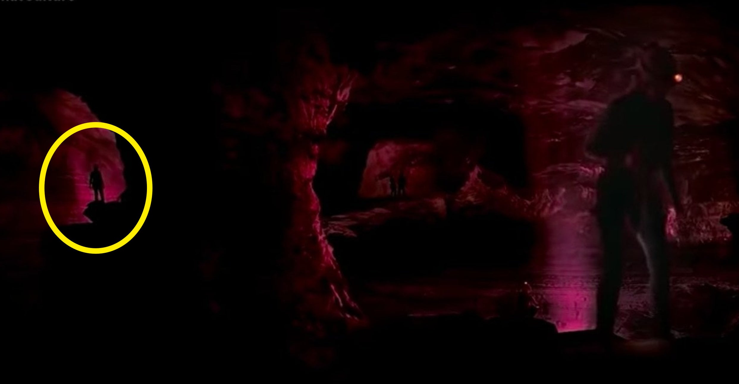 A wide shot of Sarah and her friends exploring a cave in &quot;The Descent&quot;