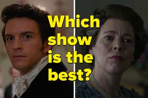 "Which show is the best?" is written int he center with two characters (one from Bridgerton, the other from The Crown)