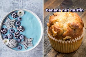 On the left, a smoothie bowl topped with edible flowers, blueberries, blackberries, and dragon fruit, and on the right, a banana nut muffin