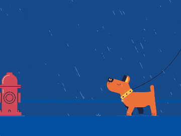 Animated dog on a leash walking along in the rain and stopping at a fire hydrant and sniffing