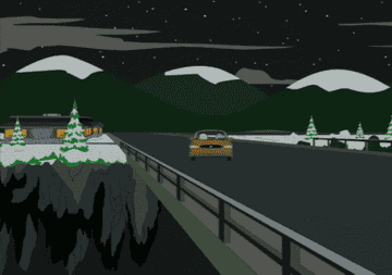 Scene from &quot;South Park&quot; showing an animated car driving off a bridge