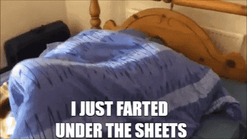 Person wearing eye mask pulls the comforter off with the text &quot;I just farted under the sheets&quot;