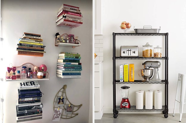 A bunch of books on invisible shelves mounted to a wall, A metal rolling shelf in a kitchen with a toaster, stand mixer, and other kitchen appliances on it