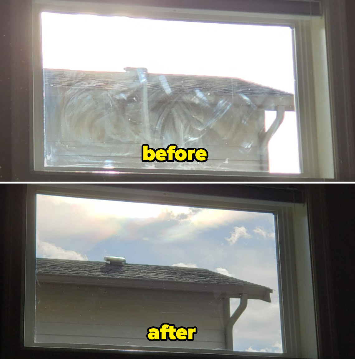 Before and after of a streaked window made clean by the set 