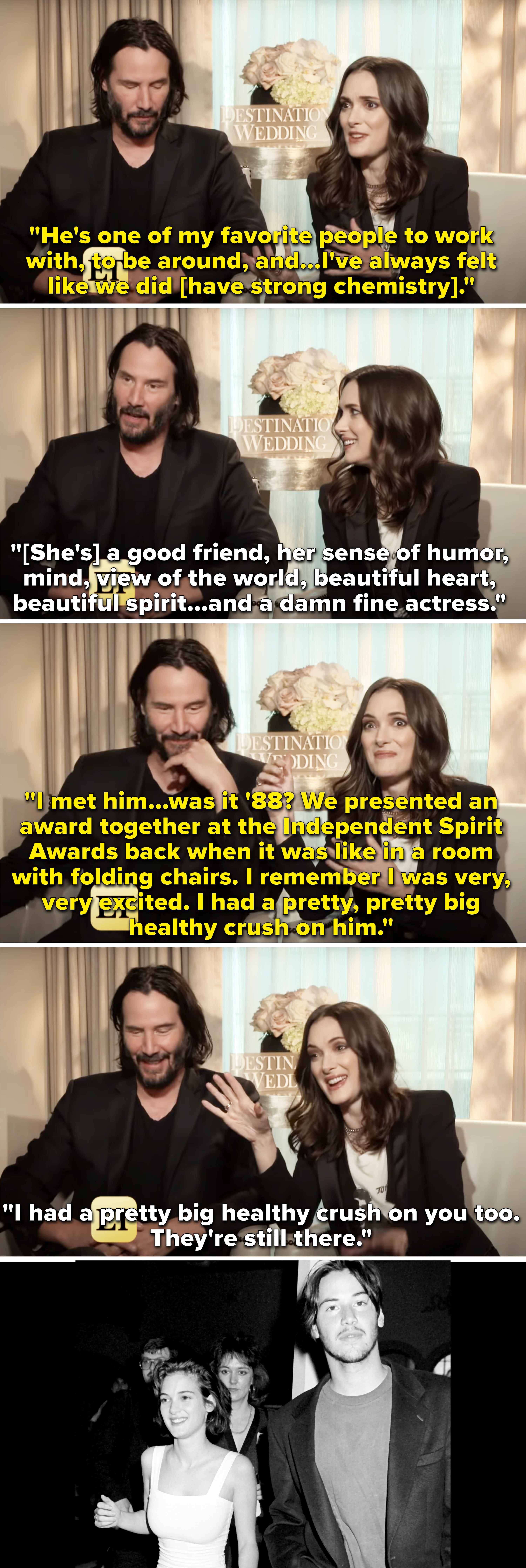 Winona Ryder and Keanu Reeves being interviewed and admitted they had and still have crushes on each other