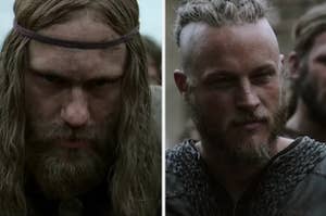 On the left is Alexander Skarsgard as Amleth rowing a boat and on the right is Travis Fimmel as Ragnar speaking to someone