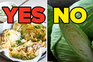 Cooked cabbage is on the left labeled, "yes" with raw cabbage on the right labeled, "no"