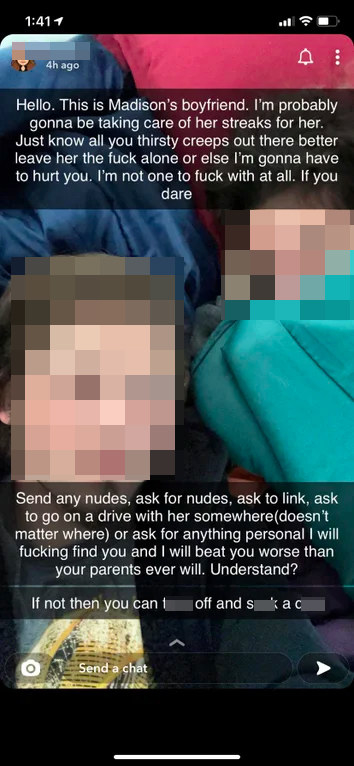 A boy threatening violence to anyone who contacts or messages his girlfriend