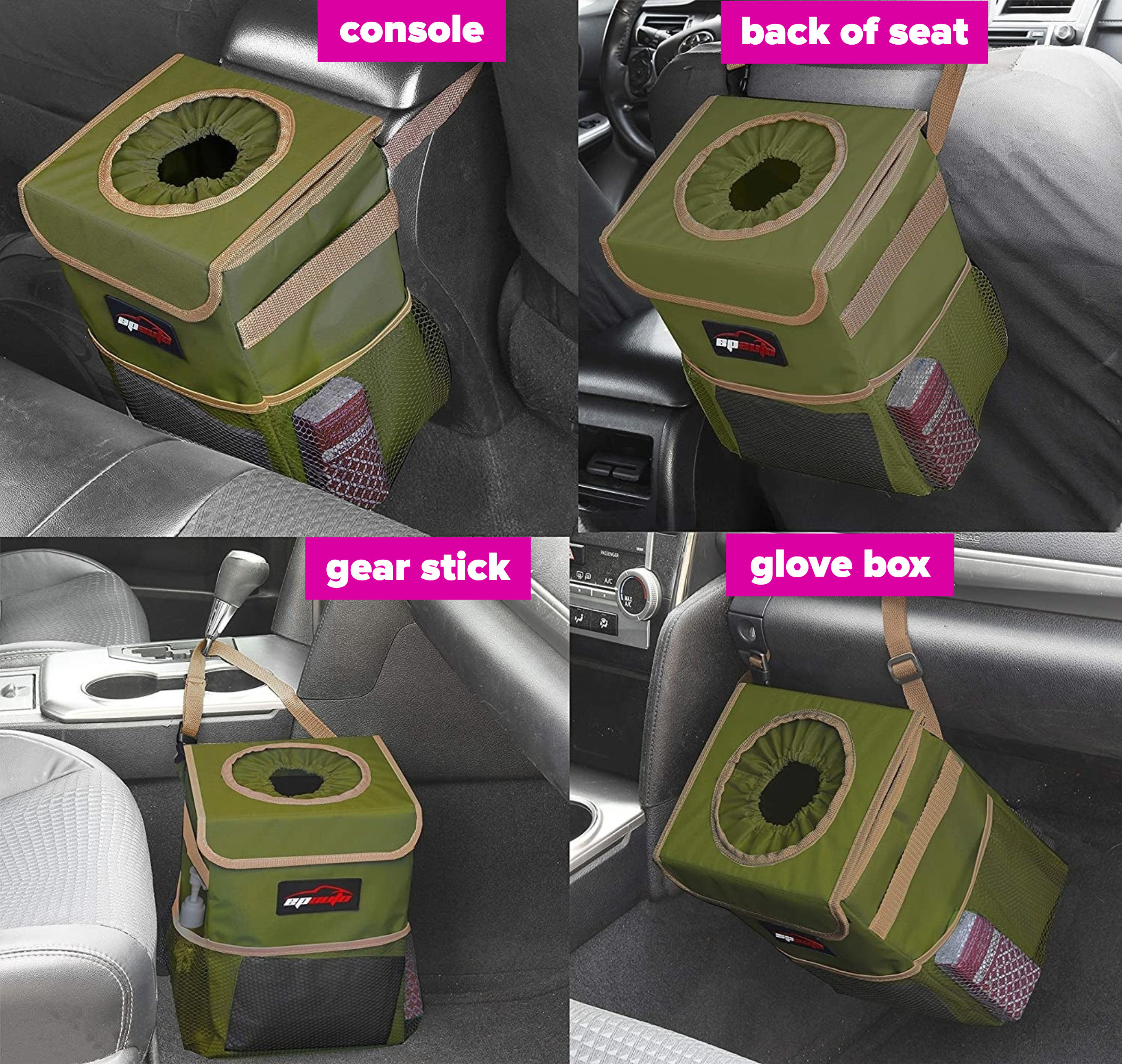 Four photos of the garbage can attached to different places in a car (Console, back of a seat, gear stick, and glove box)