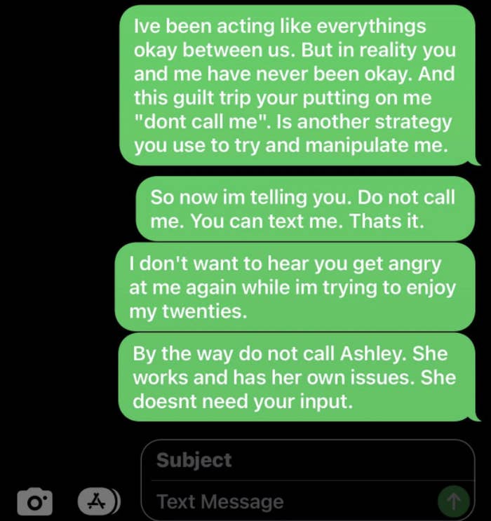 Continuation of conversation, with child rejecting their father&#x27;s &quot;guilt trip&quot; and saying he shouldn&#x27;t call — just text — because the child doesn&#x27;t want to hear his anger when they&#x27;re trying to enjoy their 20s