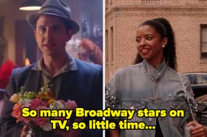 Santino Fontana in "The Marvelous Mrs. Maisel" and Renée Elise Goldsberry in "Girls5Eva". Text reads "So many Broadway stars on TV so little time..."
