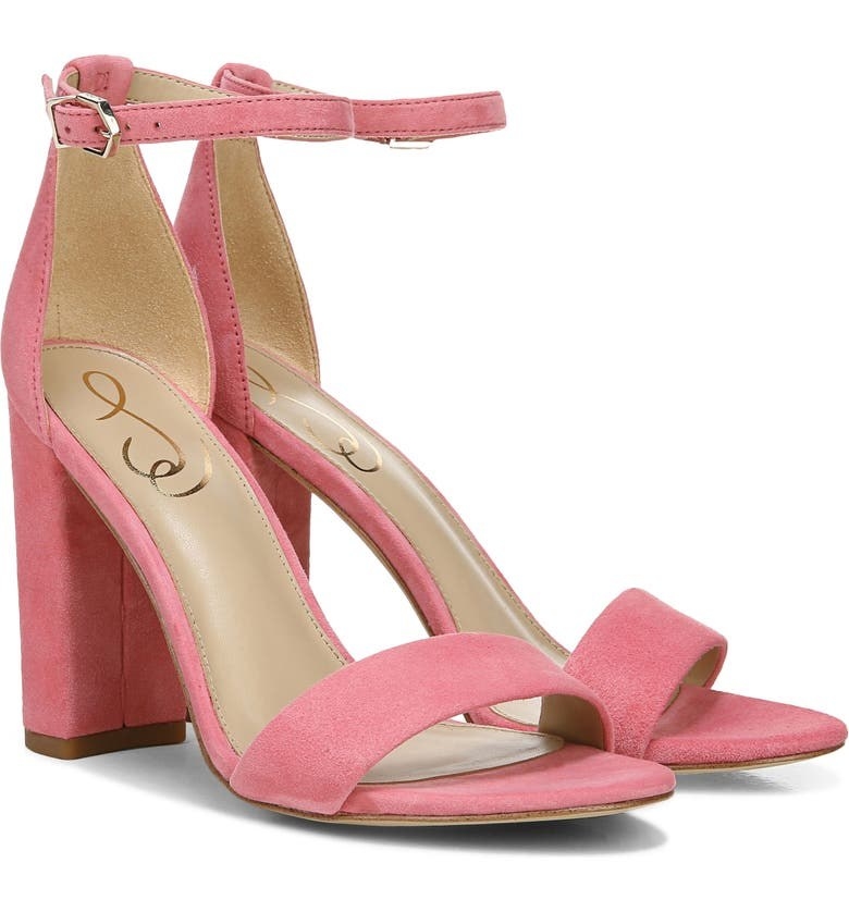 pair of strap ankle heels in carmine pink