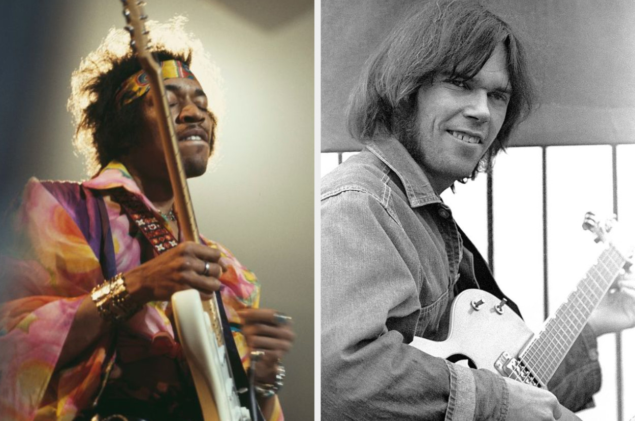 Jimi Hendrix playing guitar; Neil Young playing guitar and smiling
