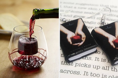 an aerating wine glass and customizable book earrings