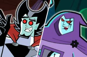 A close up of Vlad Plasmius and Clockwork as they smile evilly