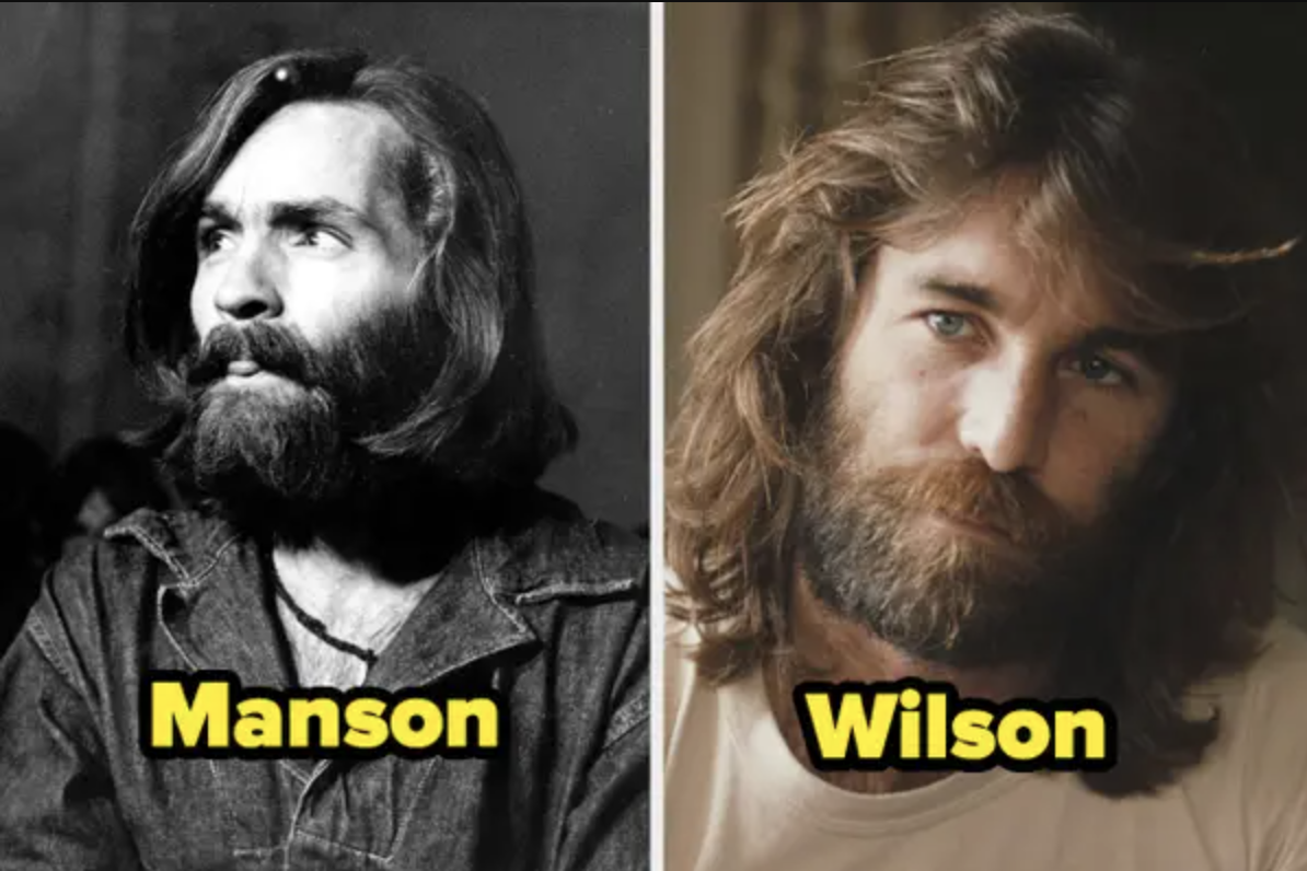 Black-and-white image of Manson and a color photo of Wilson, both with long hair, beards, and mustaches