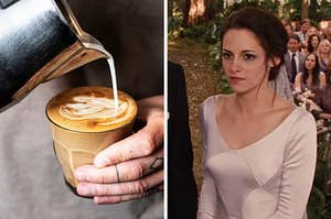 On the left, someone making a latte, and on the right, Bella from Twilight on her wedding day