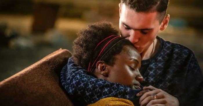 Jack Rowan and Masali Baduza embracing as callum and sephy