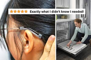 a model wearing anti-slip glasses grips; a model putting a cleaning tablet in a dishwasher