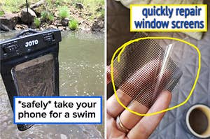 phone in waterproof bag in front of river, square of window screen repaid tape