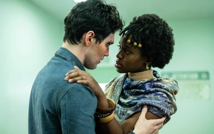 Jack Rowan and Masali Baduza embracing as callum and sephy