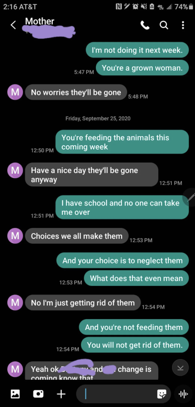 Mother saying she&#x27;s getting rid of the animals and not feeding them after child says she has school and can&#x27;t come that week