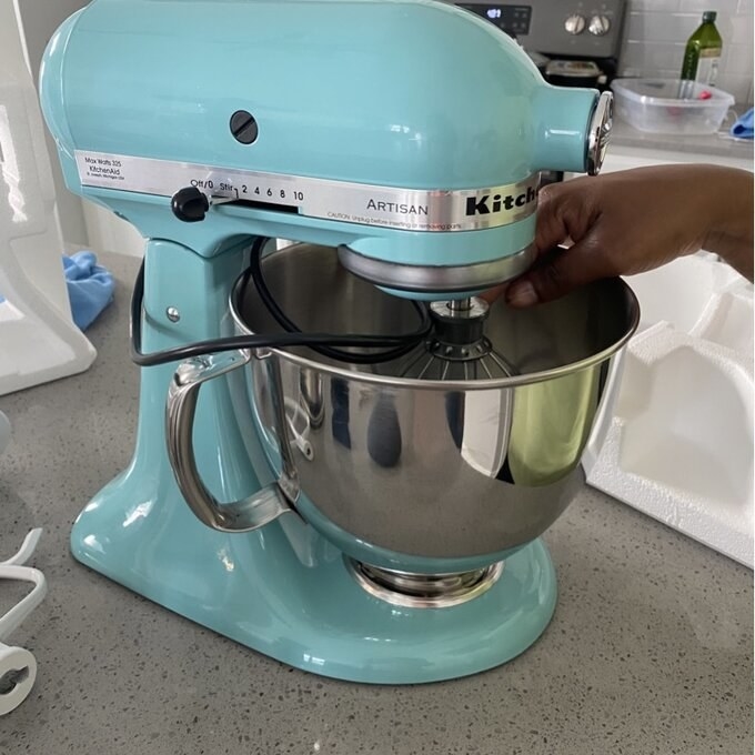 reviewer photo of light blue kitchen aid mixer