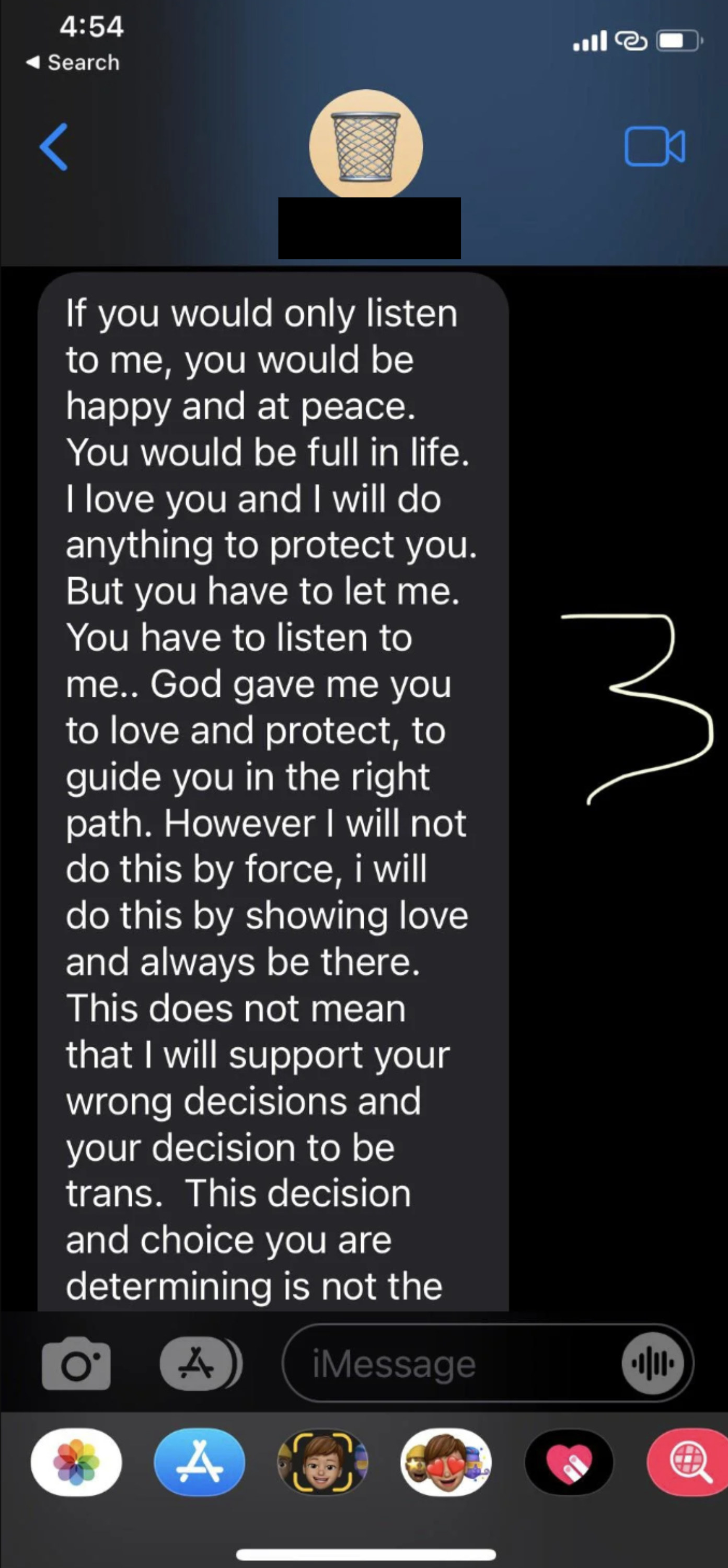 Father continues text about how God gave him his child to &quot;love and protect&quot; and &quot;guide in the right path,&quot; but says he will not &quot;support your wrong decisions and your decision to be trans&quot;