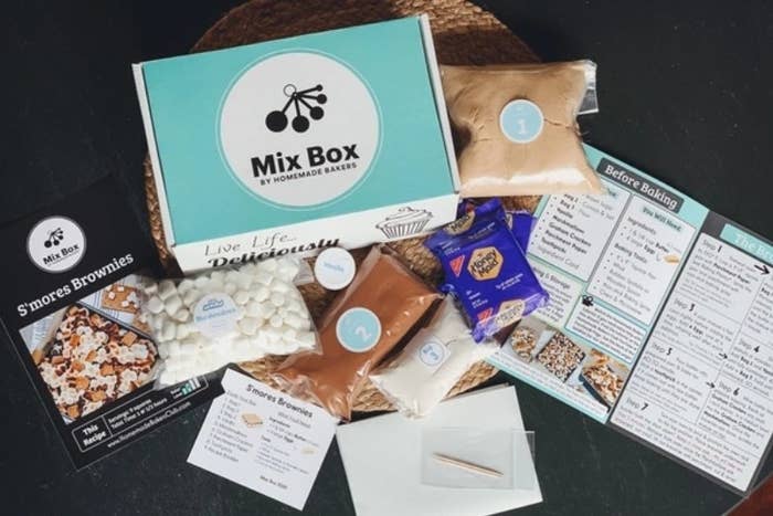 An image of recipe cards and premeasured baking ingredients inside the Cratejoy Mix Box subscription box