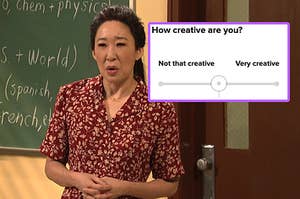 Sandra Oh scrunching up her face in confusion as she stands in front of a chalkboard in an SNL sketch next to a screenshot of the question how creative are you
