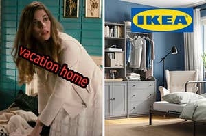 A woman is in a room on the left labeled, "vacation home" with a bedroom on the right marked "Ikea"