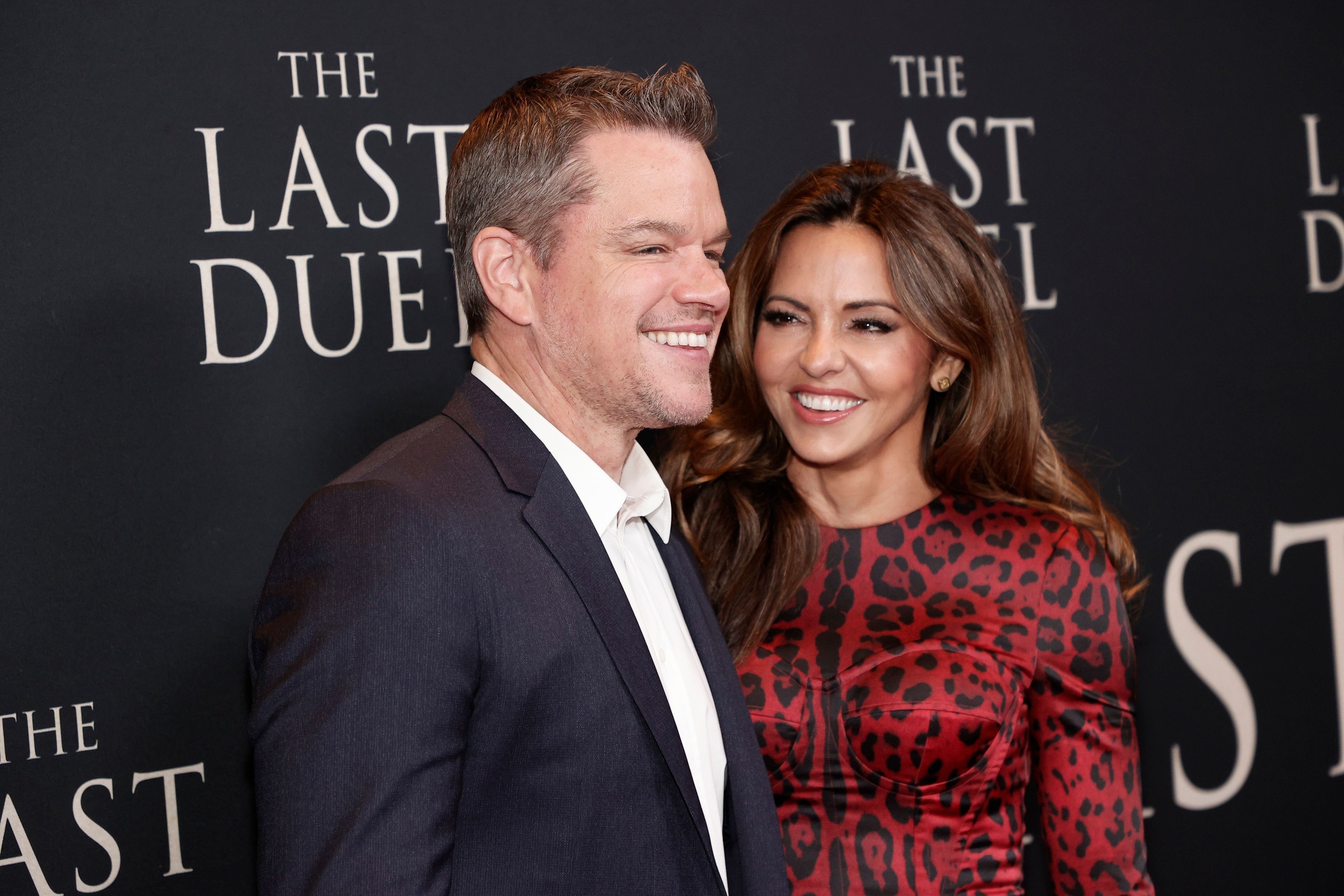 Matt Damon and Luciana Barroso attend &quot;The Last Duel&quot; New York Premiere at Rose Theater at Jazz at Lincoln Center&#x27;s Frederick P. Rose Hall on October 09, 2021