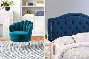 A blue chair in a room and blue headboard on bed