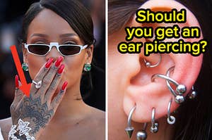 Rihanna is on the left with tattoos with an ear piercing on the right labeled, "Should you get an ear piercing?"