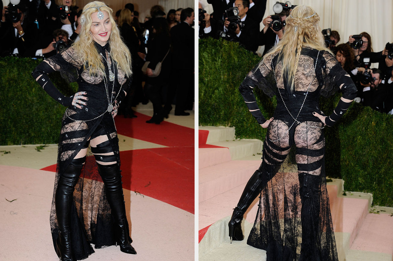 Front and back views of Madonna&#x27;s butt-baring outfit