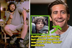 Peter Jackson smoking a Hobbit's pipe side by side with Jake Gyllenhaal with text noting that he auditioned for the role of Frodo
