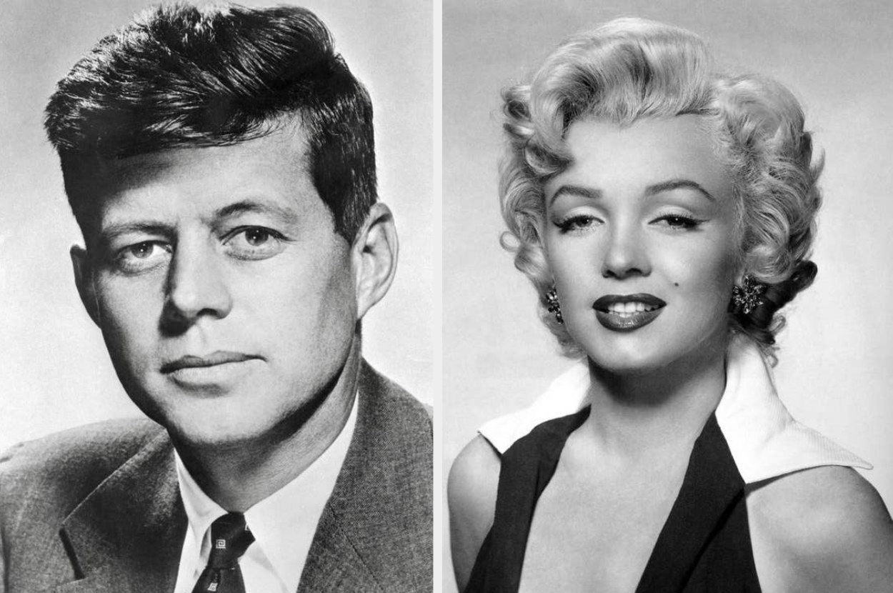 John F. Kennedy is pictured in the early 1950s, Marilyn Monroe is photographed during a photoshoot for 20th Century Fox in 1952