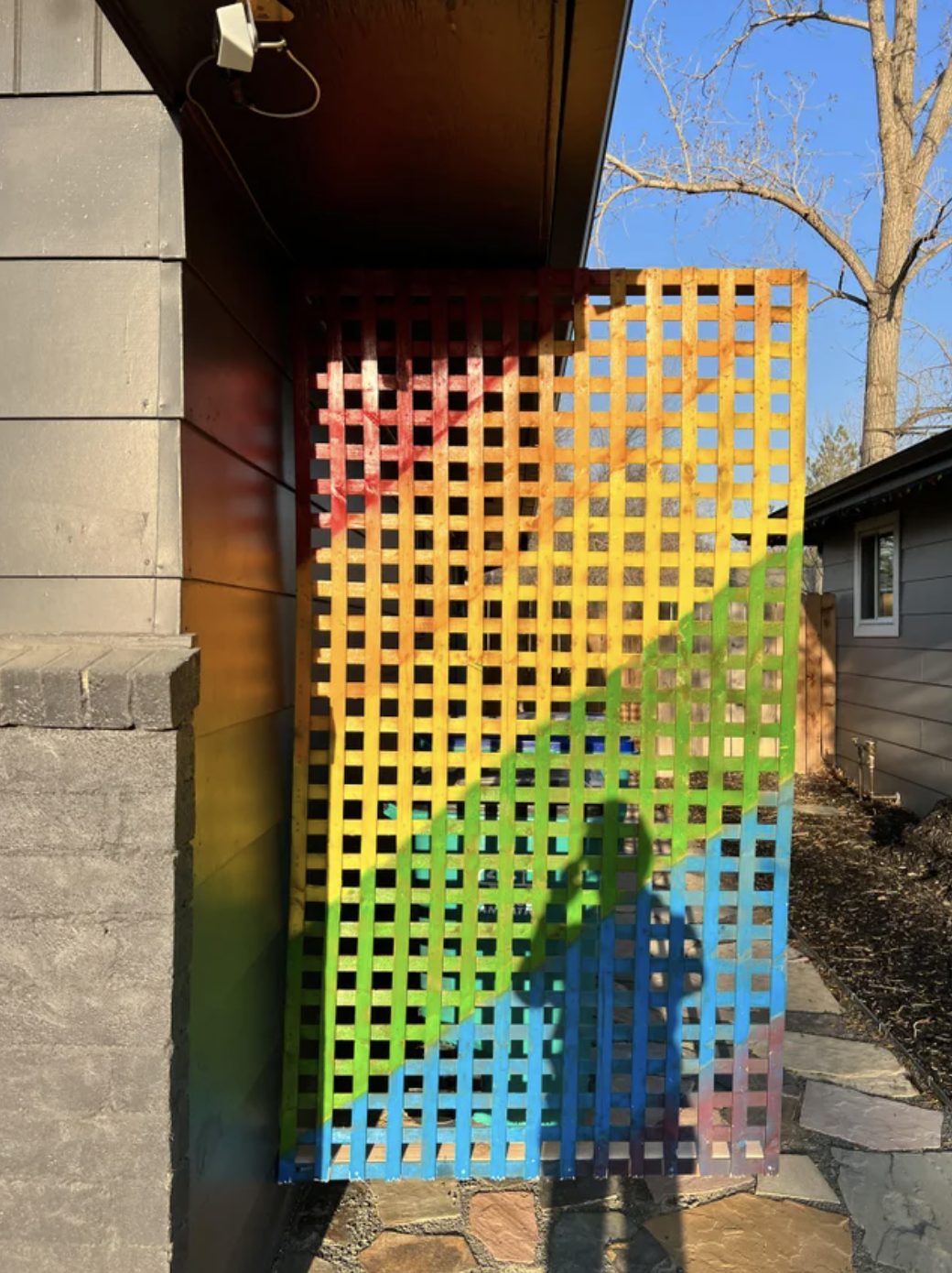 A rainbow-covered lattice on the side of a building.