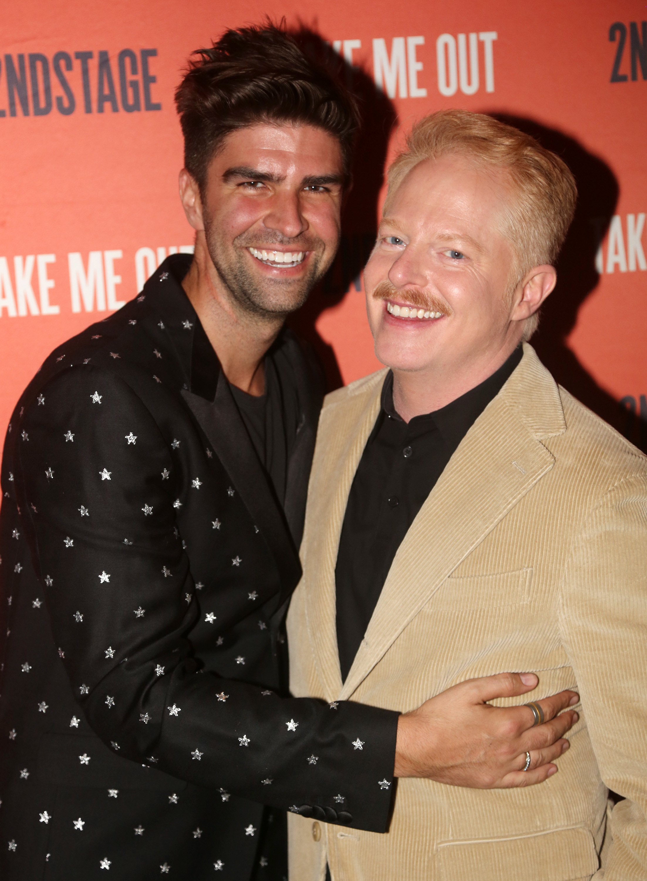 Justin Mikita and Jesse Tyler Ferguson pose at the opening night party for Second Stage Theater&#x27;s production of &quot;Take Me Out&quot; on Broadway