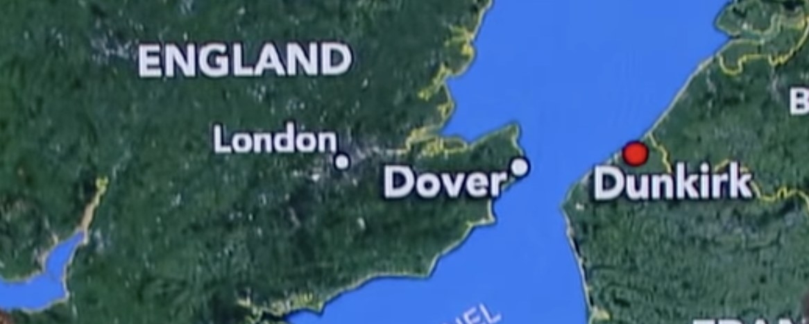 A map showing how close Dunkirk, France is to Dover, England