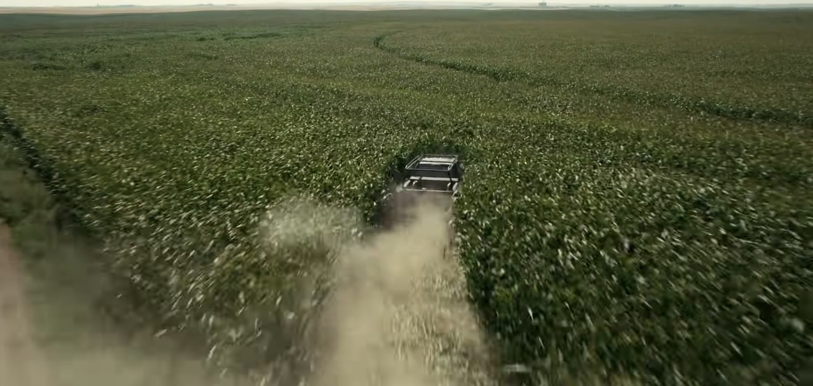 A pickup truck plows through a cornfield