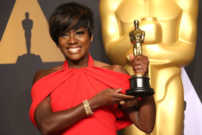 Actor Viola Davis poses in the press room with the Oscar for Best Actress in a Supporting Role for &#x27;Fences&#x27; at the 89th Annual Academy Awards