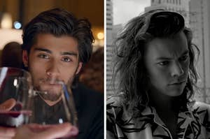 On the left, Zayn clinking a glass of wine in the Night Changes music video, and on the right, Harry Styles frowning seriously in the Perfect music video