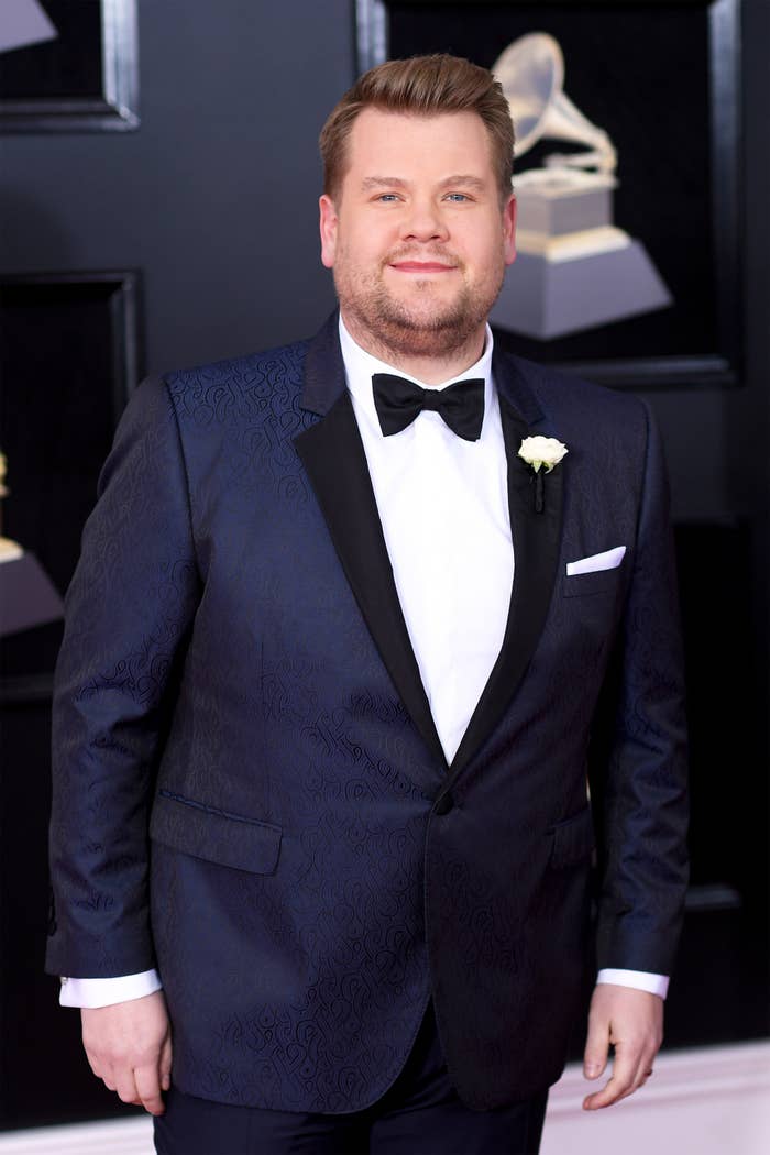 James wearing a bow tie on the Grammys red carpet